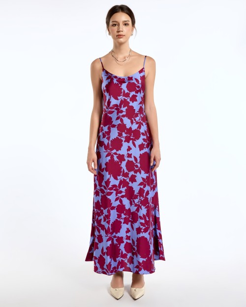 SIXDO G-Blue Floral Silk Sleeveless Dress for Women